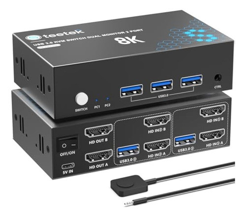 Conmutador Kvm Hdmi De 8k A 60hz, 2 Monitores, 2 0