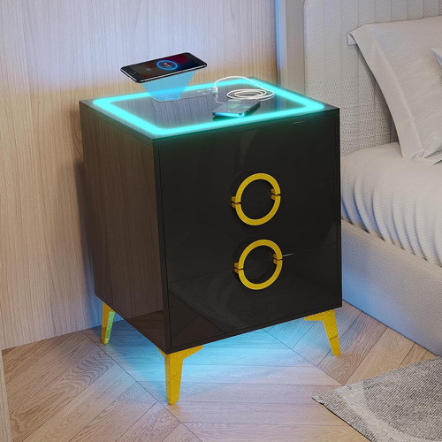 Dnbss Mesita De Noche Led Con Estación De Carga, Mesita De N 0