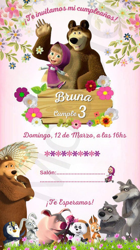 Design Flower Tarjeta Invitación Digital Cumpleaños Masha Y El Oso