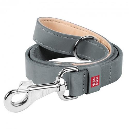 Dog leash WAUDOG Classic, genuine leather, standard hook, width 20 mm, length 122 cm grey