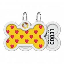 WAUDOG Smart ID metal pet tag with QR passport, «Hearts» design, bone, L 40 mm, W 28 mm