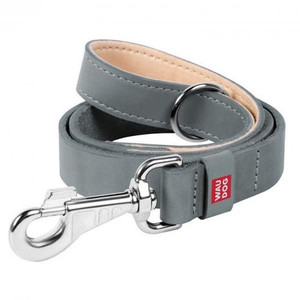 Dog leash WAUDOG Classic, genuine leather, standard hook, width 20 mm, length 122 cm grey