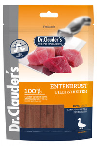 Dr.Clauder's duck breast fillet strips 80 g . Snack for dogs. Properties Gently dried, 100% natural, only 3% fat, no preservatives, no additives, no dyes. A treat