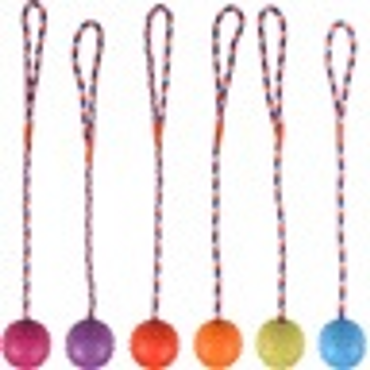 RUBBER BALL 5,5 CM WITH BELL ON ROPE ASSORTIMENT