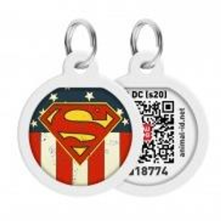 WAUDOG Smart ID metal pet tag with QR passport, «Superman America» design, round, D 25 mm