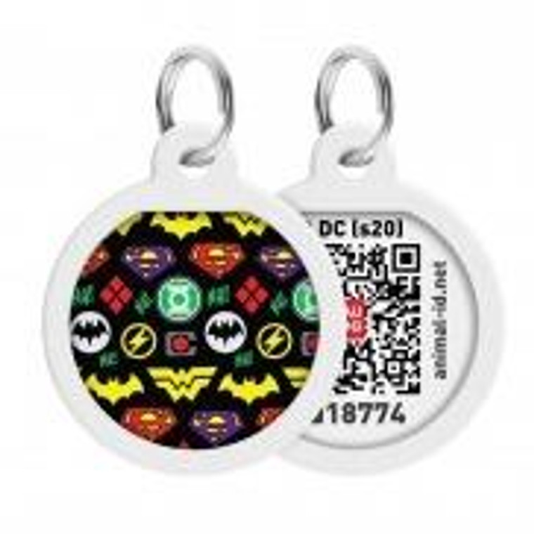 WAUDOG Smart ID metal pet tag with QR passport, «Superheroes logomania» design, round, D 25 mm