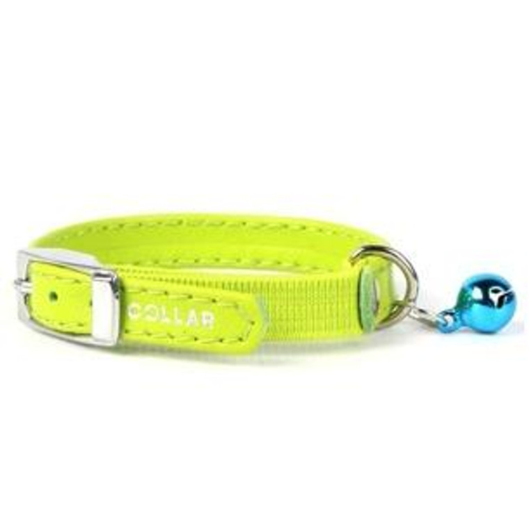Leather collar WAUDOG GLAMOUR w/out decorations with rubber band for cats (width 9mm, length 22-30cm) lime green
