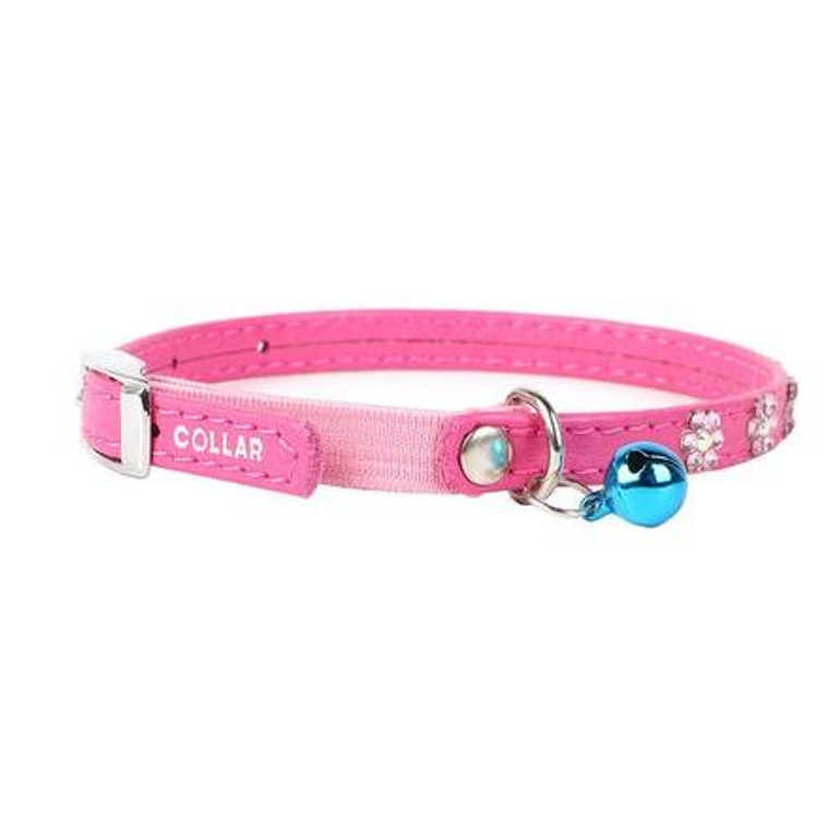Leather collar WAUDOG GLAMOUR with rubber band and glue decorations for cats (width 9mm, length 22-30cm) pink