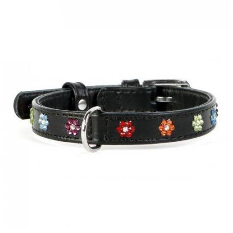 Leather collar WAUDOG GLAMOUR with rubber band and glue decorations Flower for cats (width 9mm, length 22-30cm) black