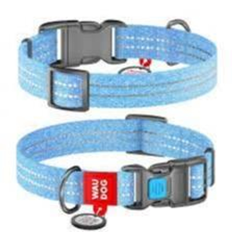 WAUDOG Re-cotton recycled material dog collar with QR passport reflective plastic fastex W 25 mm L 35-58 cm blue