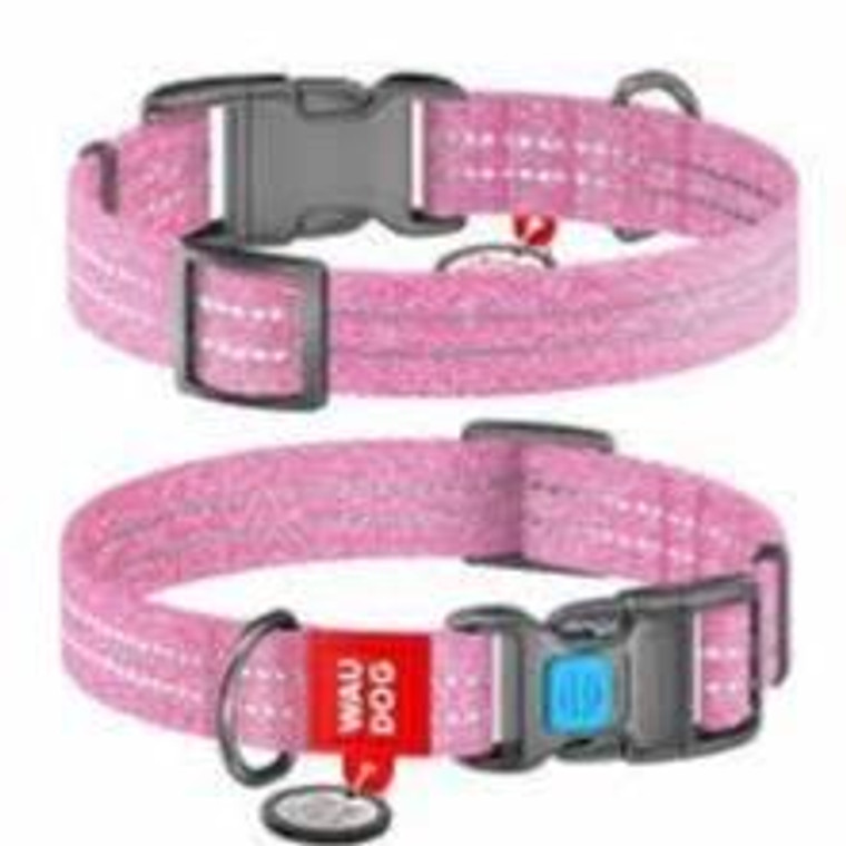 WAUDOG Re-cotton recycled material dog collar with QR passport reflective plastic fastex W 25 mm L 35-58 cm pink