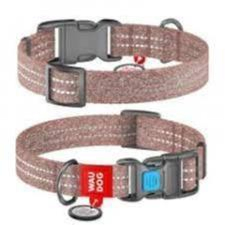 WAUDOG Re-cotton recycled material dog collar with QR passport, reflective, plastic fastex, W 25 mm, L 35-58 cm brown
