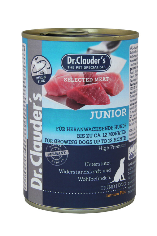 Dr. Clauders Selected Meat Junior 400 g - Dr. Clauder's - selected premium meat - pure meat enjoyment for your dog. The fresh meat offers up to 50% more nutritional value compared to conventional canned food