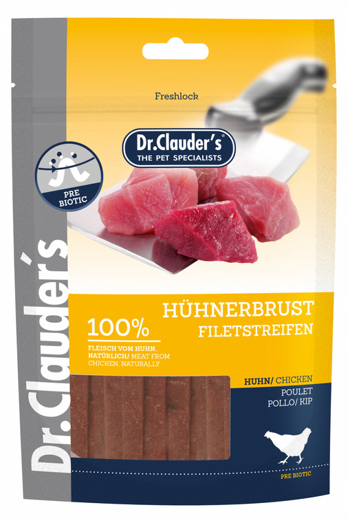 Dr Clauder's chicken breast fillet strips 80 g - Snack for dogs. Properties Gently dried, 100% natural, only 3% fat, no preservatives, no additives, no dyes. A treat