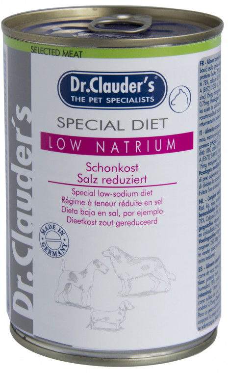 Dr. Clauders Special Diet Low Sodium 400 g . Experts know: A high salt content in food can put strain on the heart and liver. With Dr. Clauder's Selected Meat Special Diet “Low Sodium” is suitable for dogs