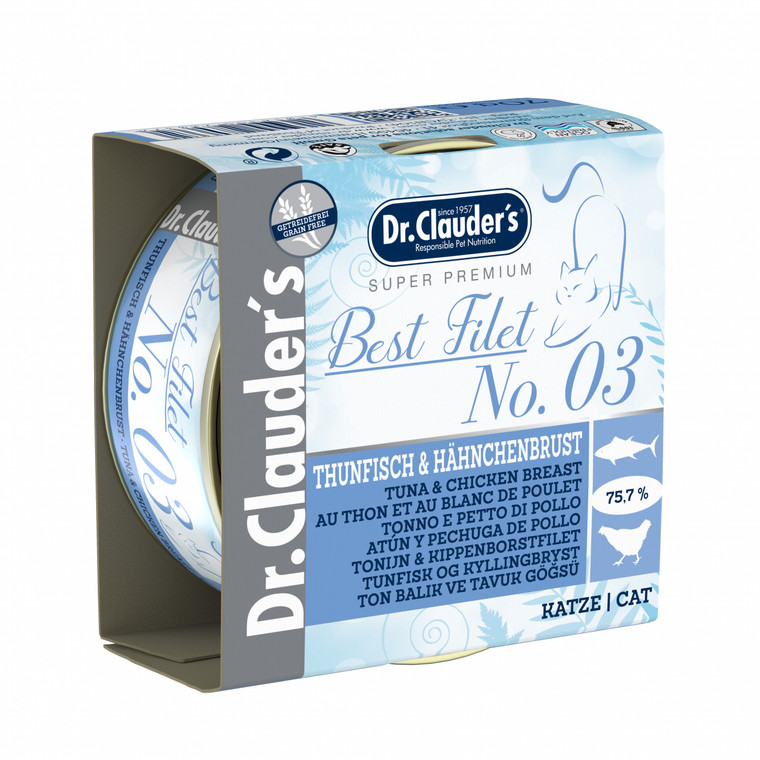 Dr. Clauder's Best Filet No. 3 tuna & chicken breast 70 g cheaply online. Supplementary food for cats, rich in protein, low in calories, activates metabolism, omega3 fatty acids have a positive effect on skin and coat as well as general vitality