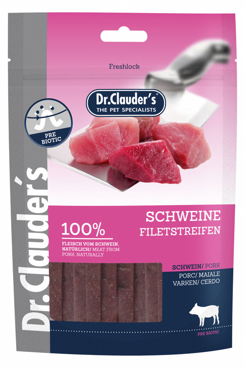 Dr.Clauder's pork fillet strips 80 g Dr. Clauder's pork fillet strips are made from 100% delicious pork. Thanks to the gentle steam drying, the meat retains its unique aroma