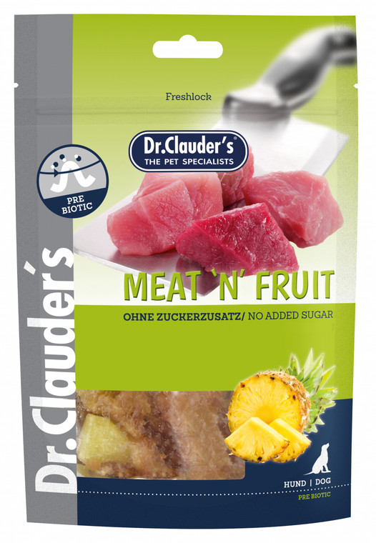 Dr. Clauders Meat & Fruit Pineapple & Chicken 80 g - Supplementary food for dogs. Meat'n Fruit Pineapples combine delicate chicken meat and tasty pineapples to create a unique snack. No added sugar.