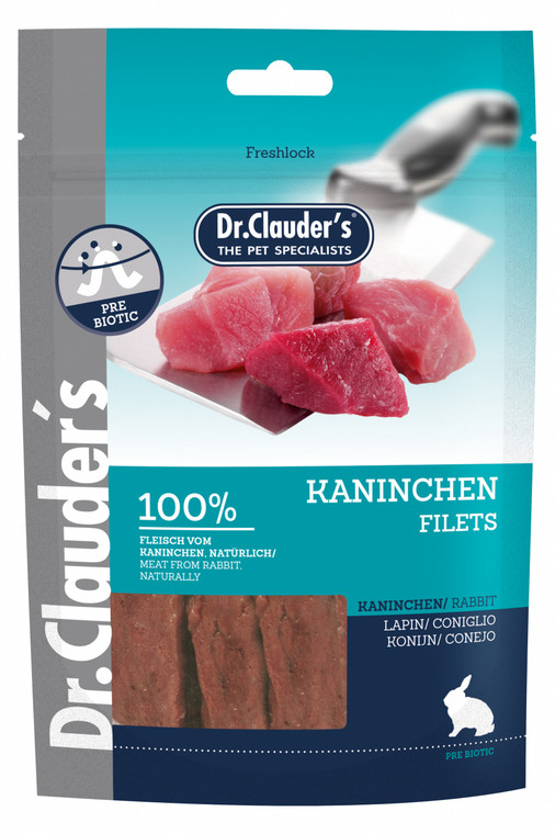 Dr.Clauder's rabbit fillet strips 80 g  Supplementary food for dogs. Dr.Clauder's rabbit fillet strips consist of 100% delicious rabbit meat. Thanks to the gentle steam drying, the meat retains its unique aroma