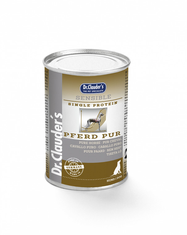 Dr. Clauders Selected Meat Sensible Pure Horse 400 g -  Complete feed for adult dogs - 100% from horses. Selected premium meat (Selected Meat) SENSIBLE - pure meat enjoyment for your dog. Many dogs suffer from allergic sensitivity to different foods