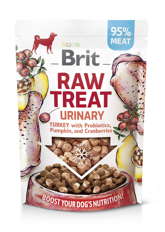 Brit Raw Treat Urinary. Freeze-dried treat and topper. Turkey with Probiotics, Pumpkin, and Cranberries.