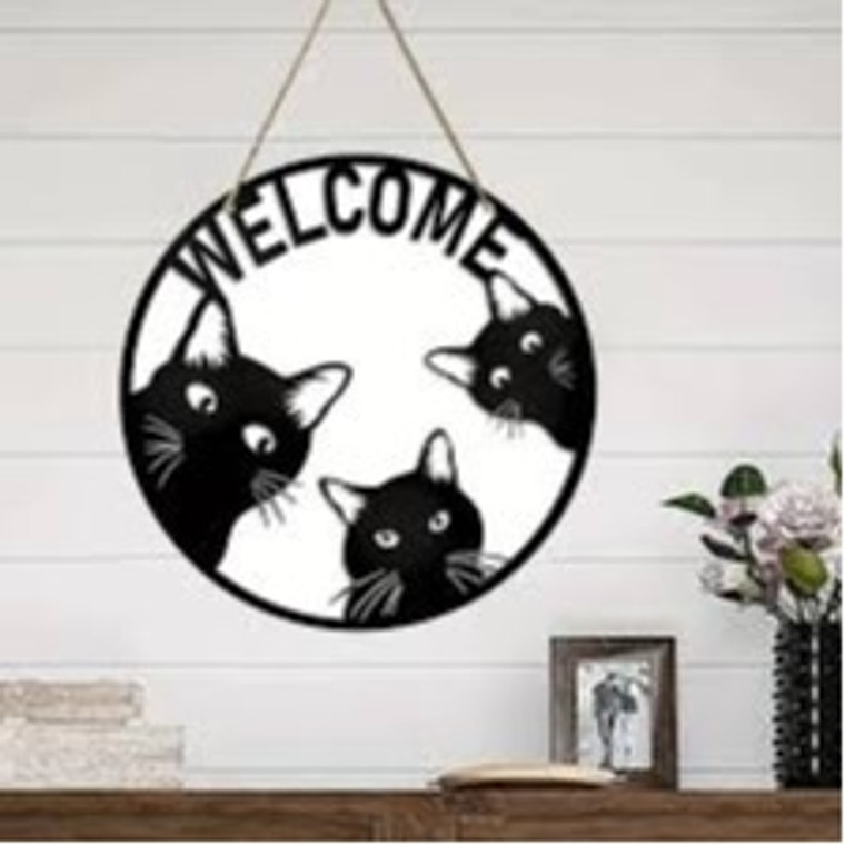 Welcome Cats Round Wood Sign