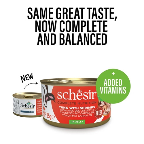 Schesir Complete & Balanced Nutrition Wet Cat Food in Jelly Can- Tuna With Shrimp 85g