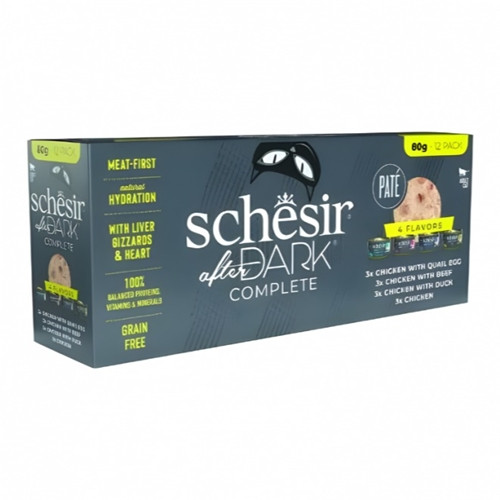 Schesir After Dark In Pate' Variety Pack For Cat 960g (80g x12 Cans) - 4 Flavors ( 3 Cans Each Flavor)