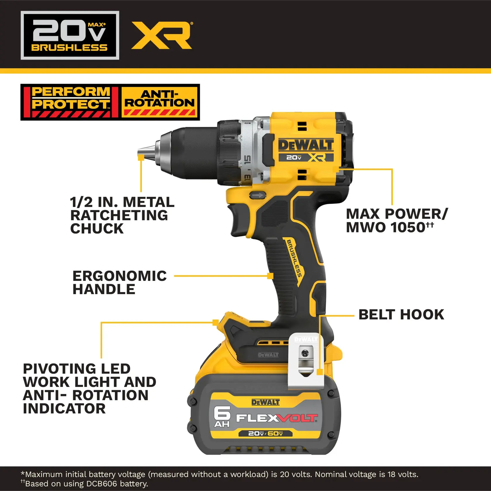 DEWALT 20V MAX XR 1/2-in. Brushless Cordless Drill/Driver Kit with 6Ah FLEXVOLT Battery