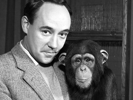 Desmond Morris author of The Naked Ape a book about subconscious movements posing with a chimpanzee