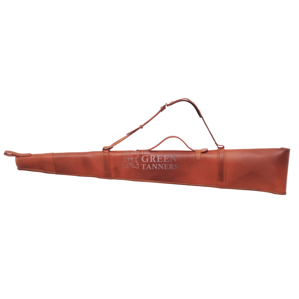 leather shotgun slip case with flap closure and buckle fastening