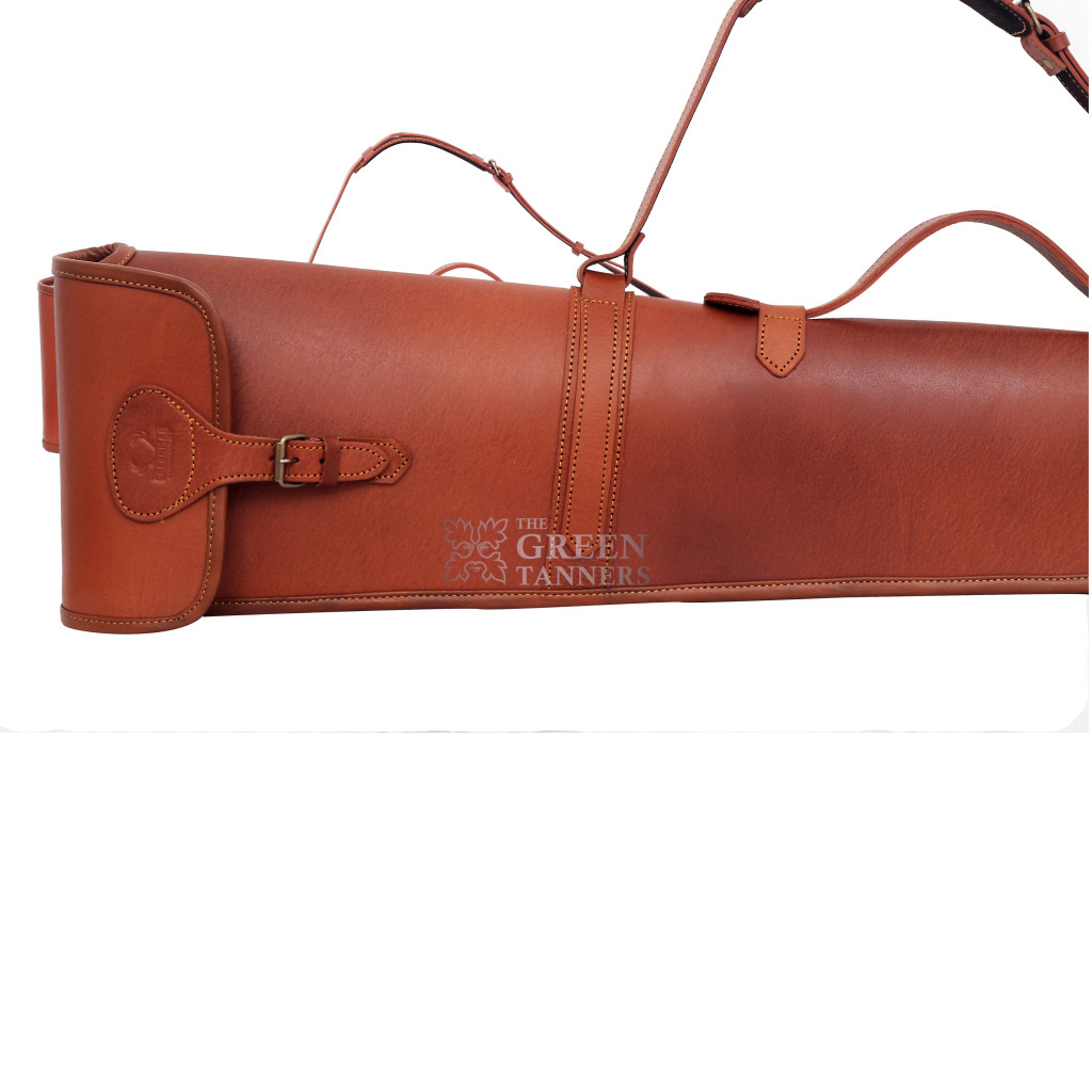 leather shotgun slip case with flap closure and buckle fastening