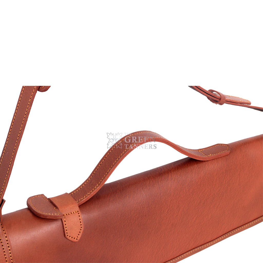 leather shotgun slip case with flap closure and buckle fastening
