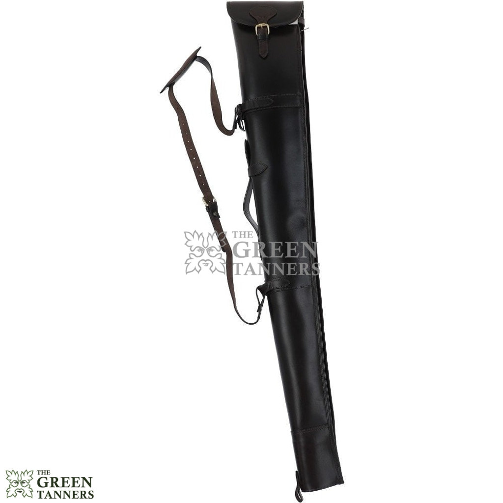 Black Leather Gun Slip Case with Flap Buckle Closure and Adjustable Carrying Strap, Black Leather Shotgun Case