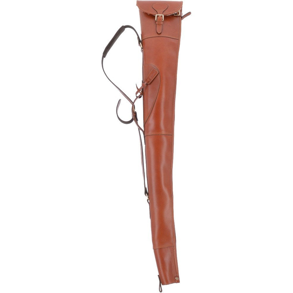 Tan leather gun slip case with leather flap closure and adjustable carrying strap