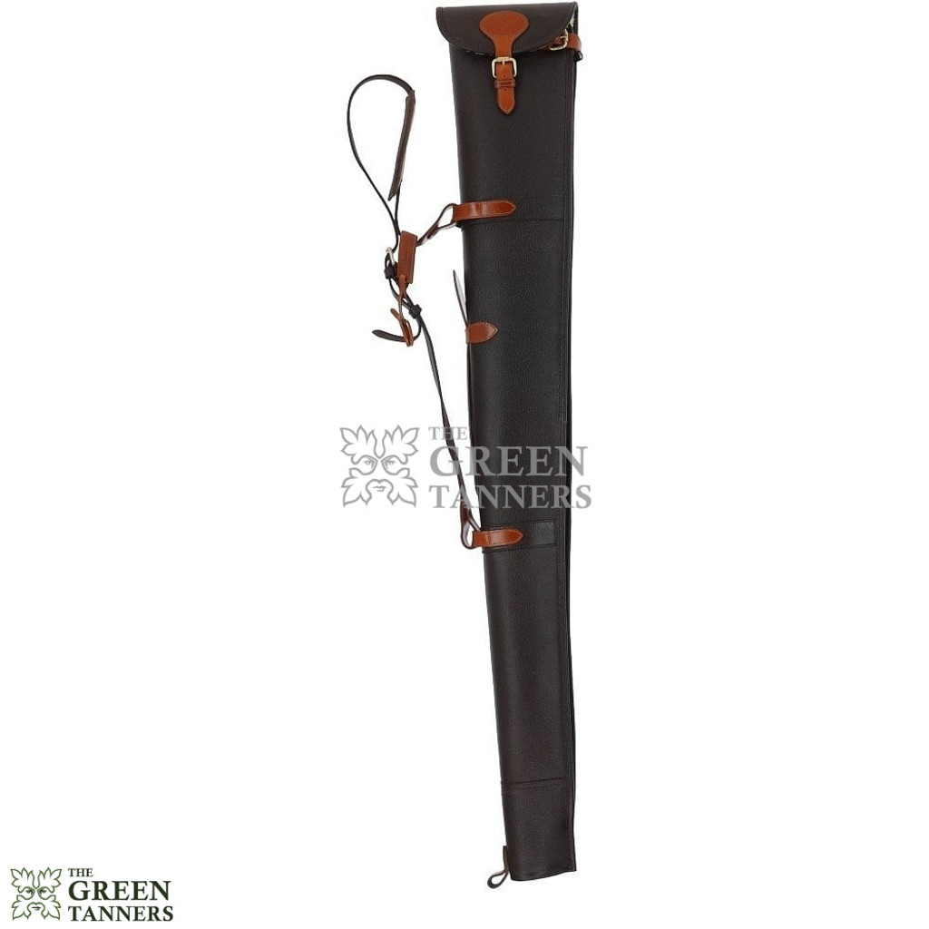 black with brown leather gun slip case with buckle flap closure, Shotgun Case