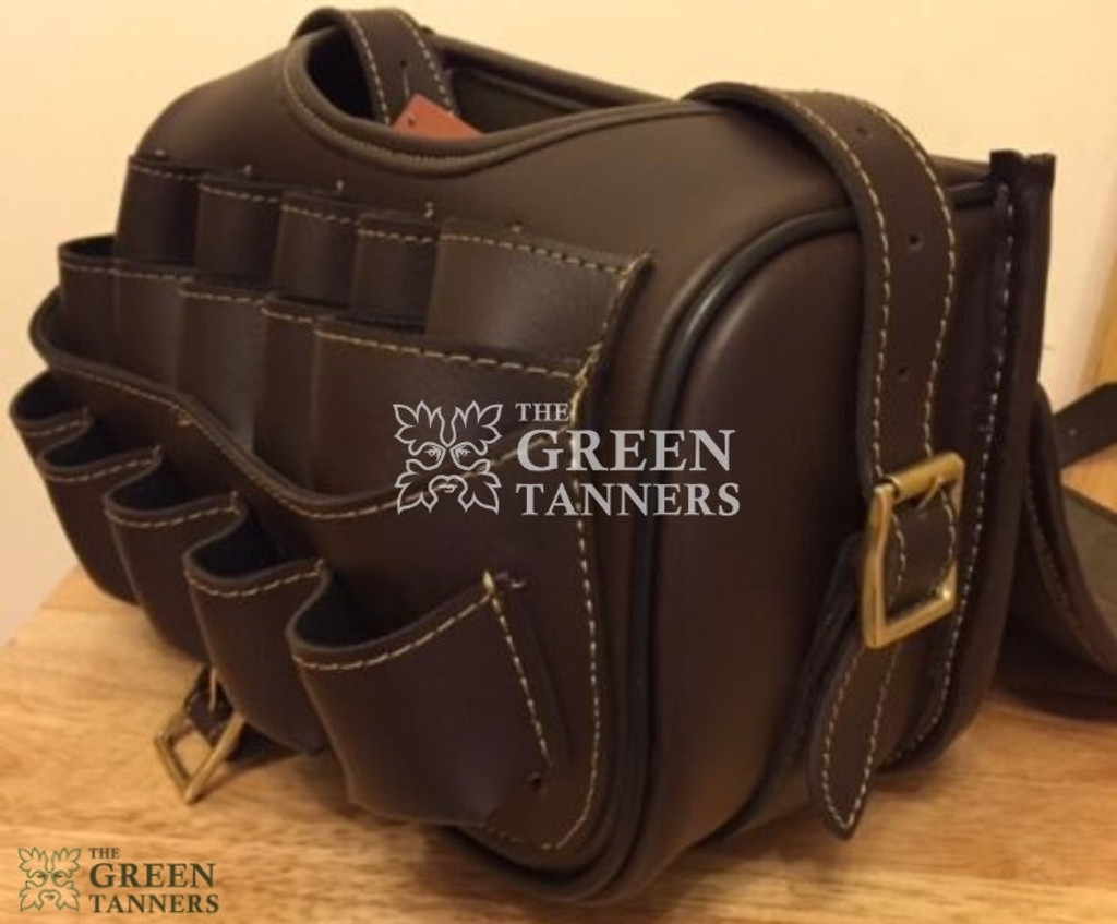 brown leather cartridge bag, shotgun shell holder, leather ammo bag