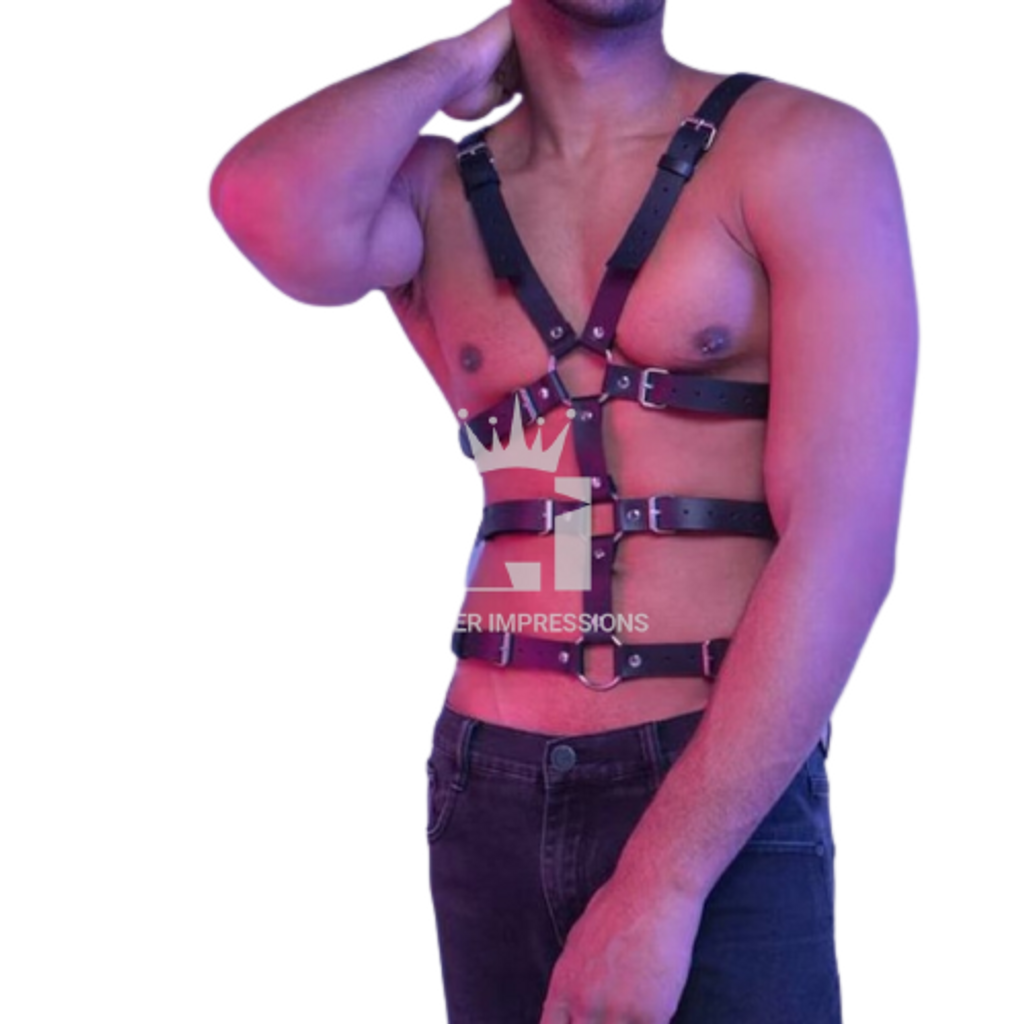 mens leather harness, leather harness, multiple O-rings with adjustable straps 