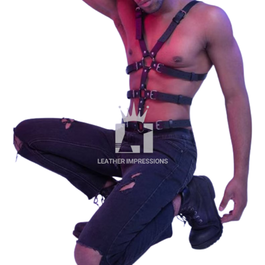 mens leather harness, leather harness, multiple O-rings with adjustable straps 