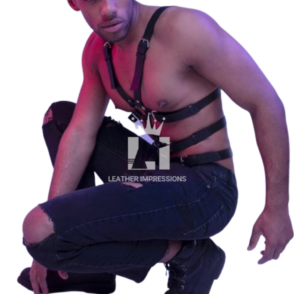 mens leather harness, leather harness, multiple O-rings with adjustable straps 