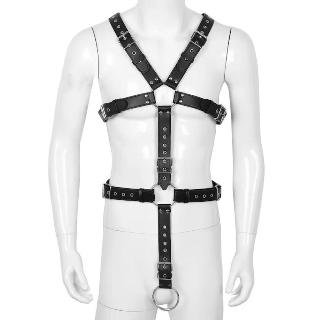 men leather chest harness with cockring, leather harness