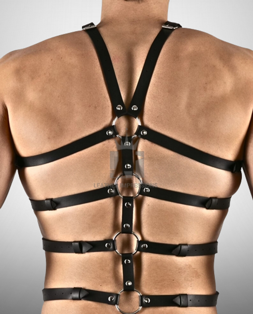 mens leather harness with multiple O-rings, leather harness