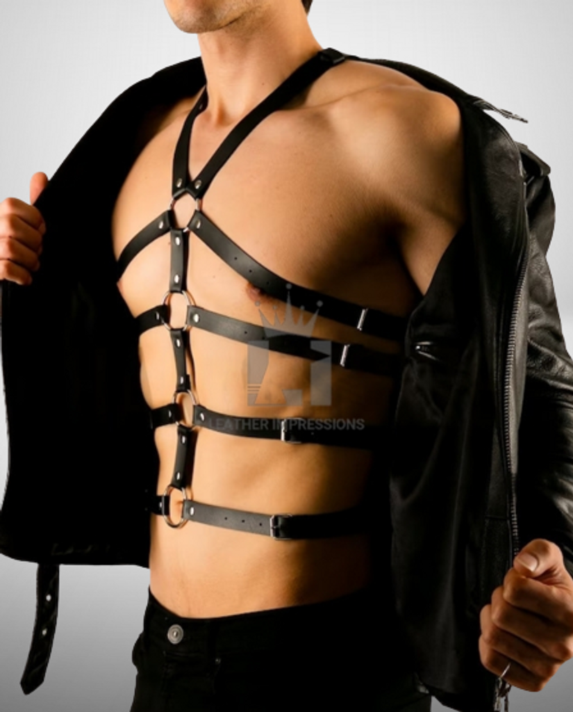 mens leather harness with multiple O-rings, leather harness