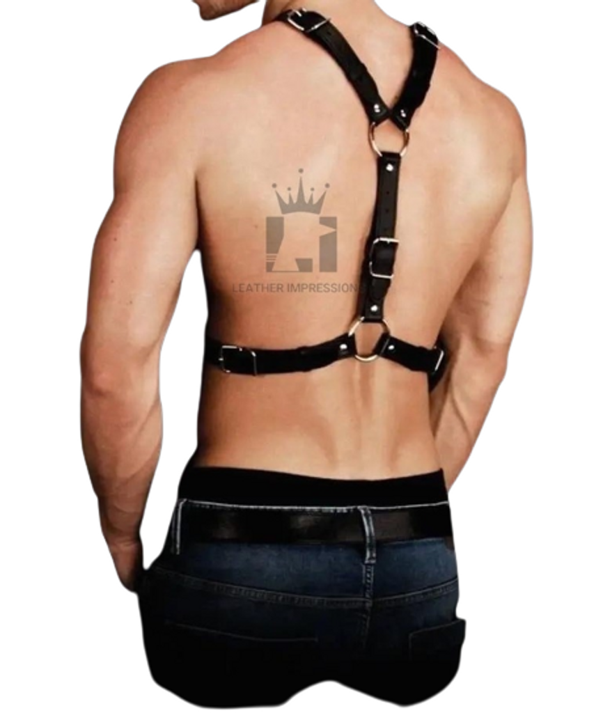 leather chest harness with O-Rings, harness with adjustable belts