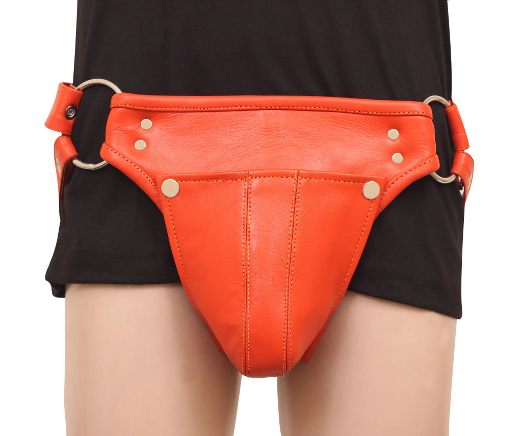 leather jockstrap, orange leather jockstrap, leather thong, leather jockstrap with D-rings leather jockstrap, orange leather jockstrap, leather thong, leather jockstrap with D-rings