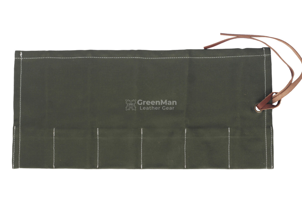canvas tool roll, green tool wrap, leather strap tool holder, portable tool organizer, foldable tool pouch, handmade tool roll