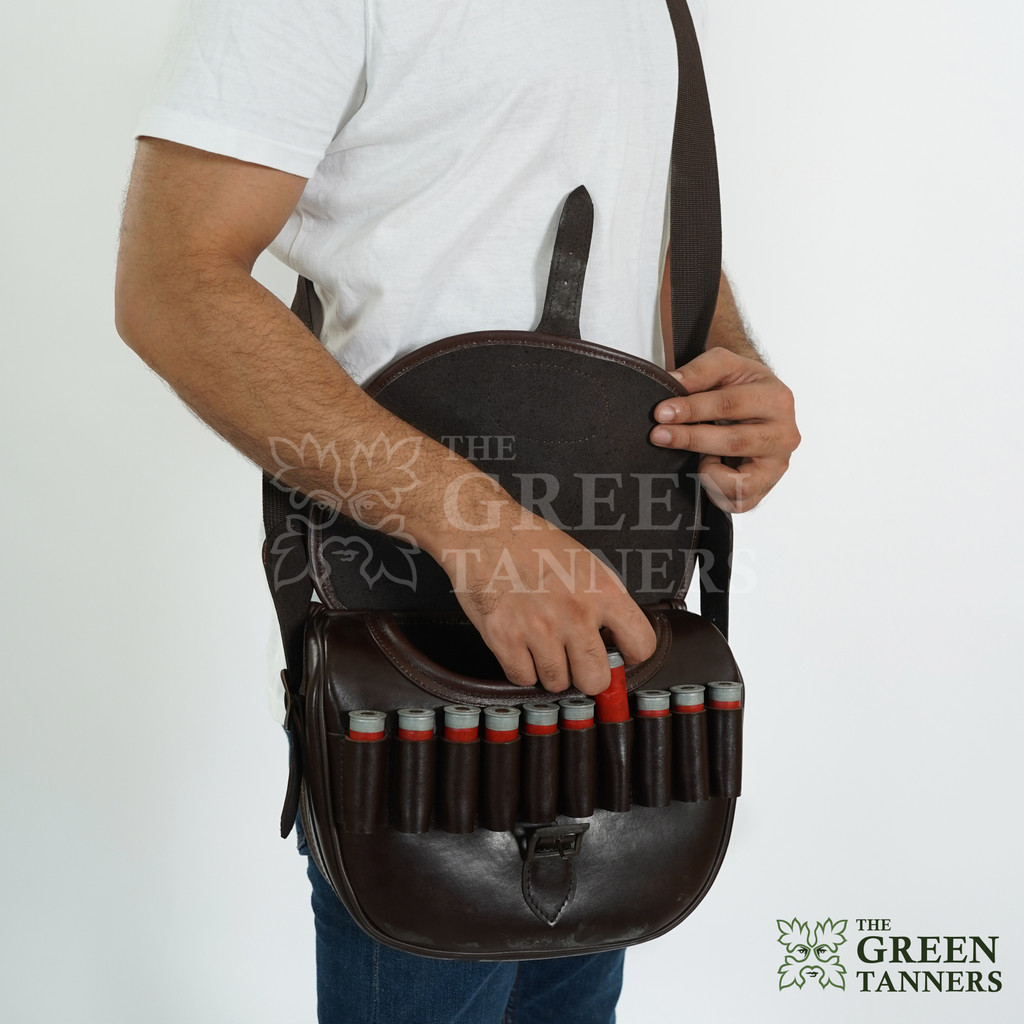 leather cartridge bag, leather shooting bag, shotgun shell holder
