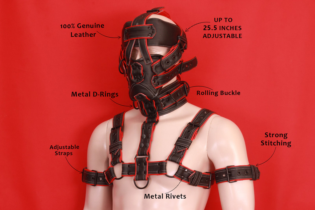 leather harness, leather muzzle, bondage harness and muzzle, men's leather harness