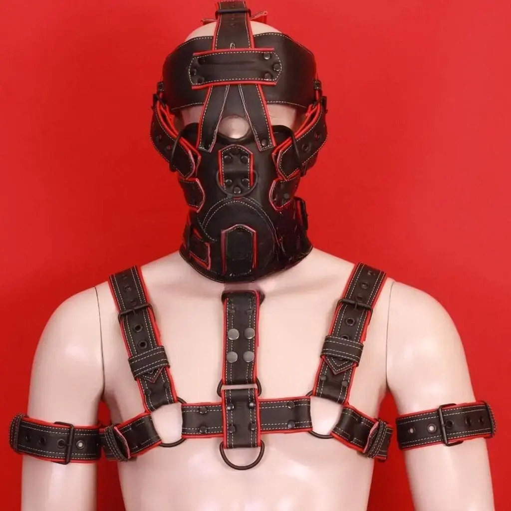 leather harness, leather muzzle, bondage harness and muzzle, men's leather harness