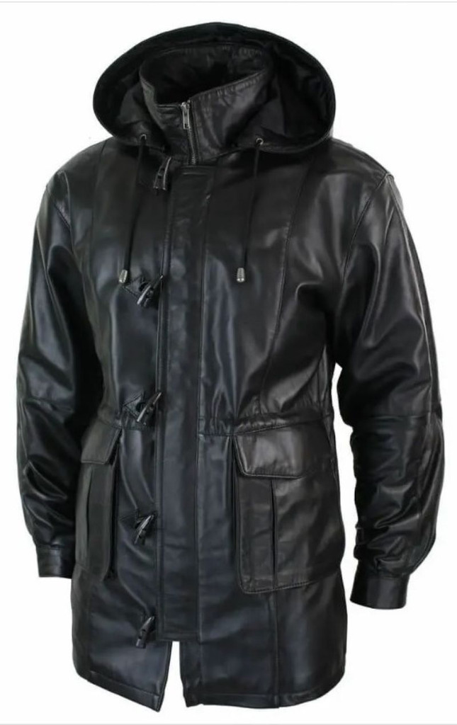 black leather jacket, leather trench coat, leather hooded jacket for men